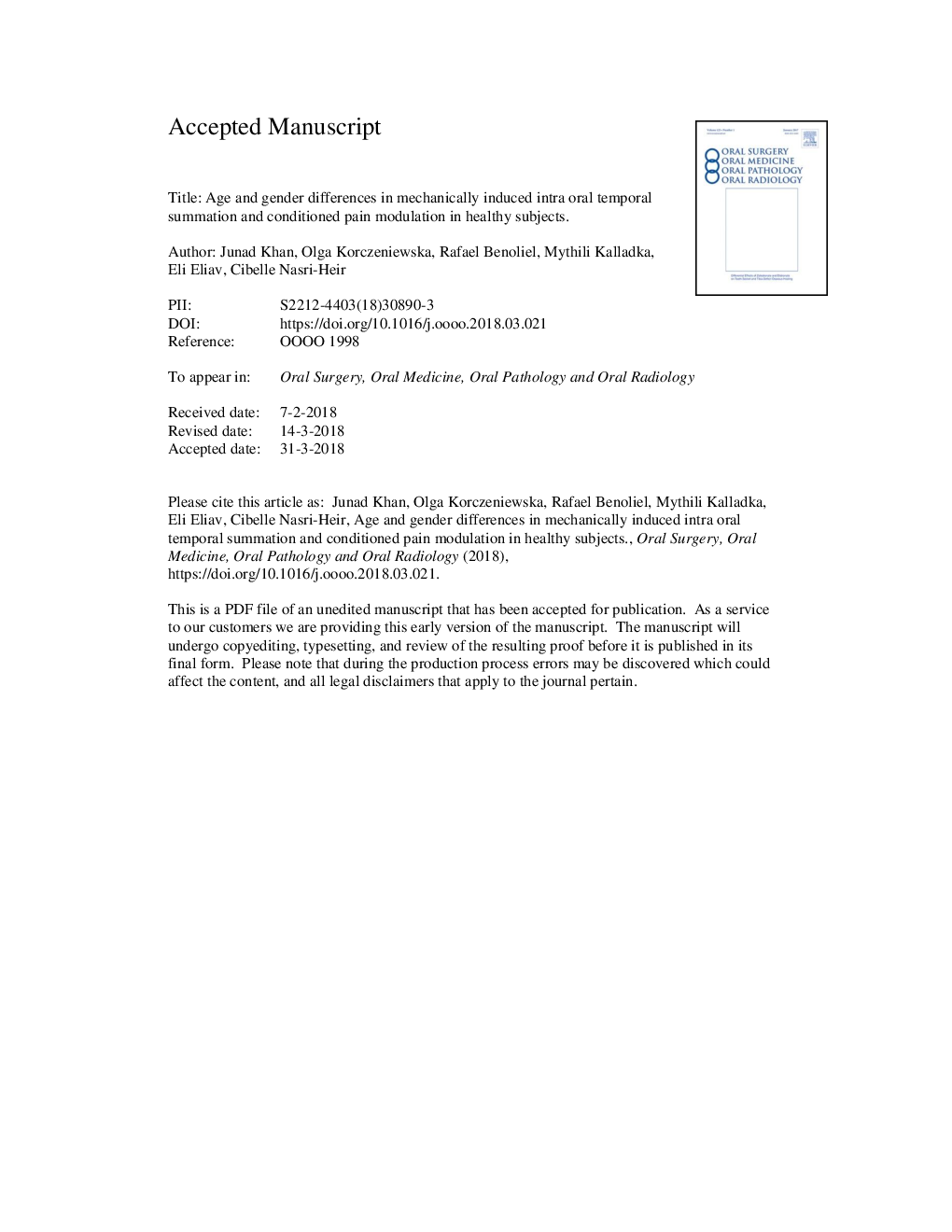 Age and gender differences in mechanically induced intraoral temporal summation and conditioned pain modulation in healthy subjects