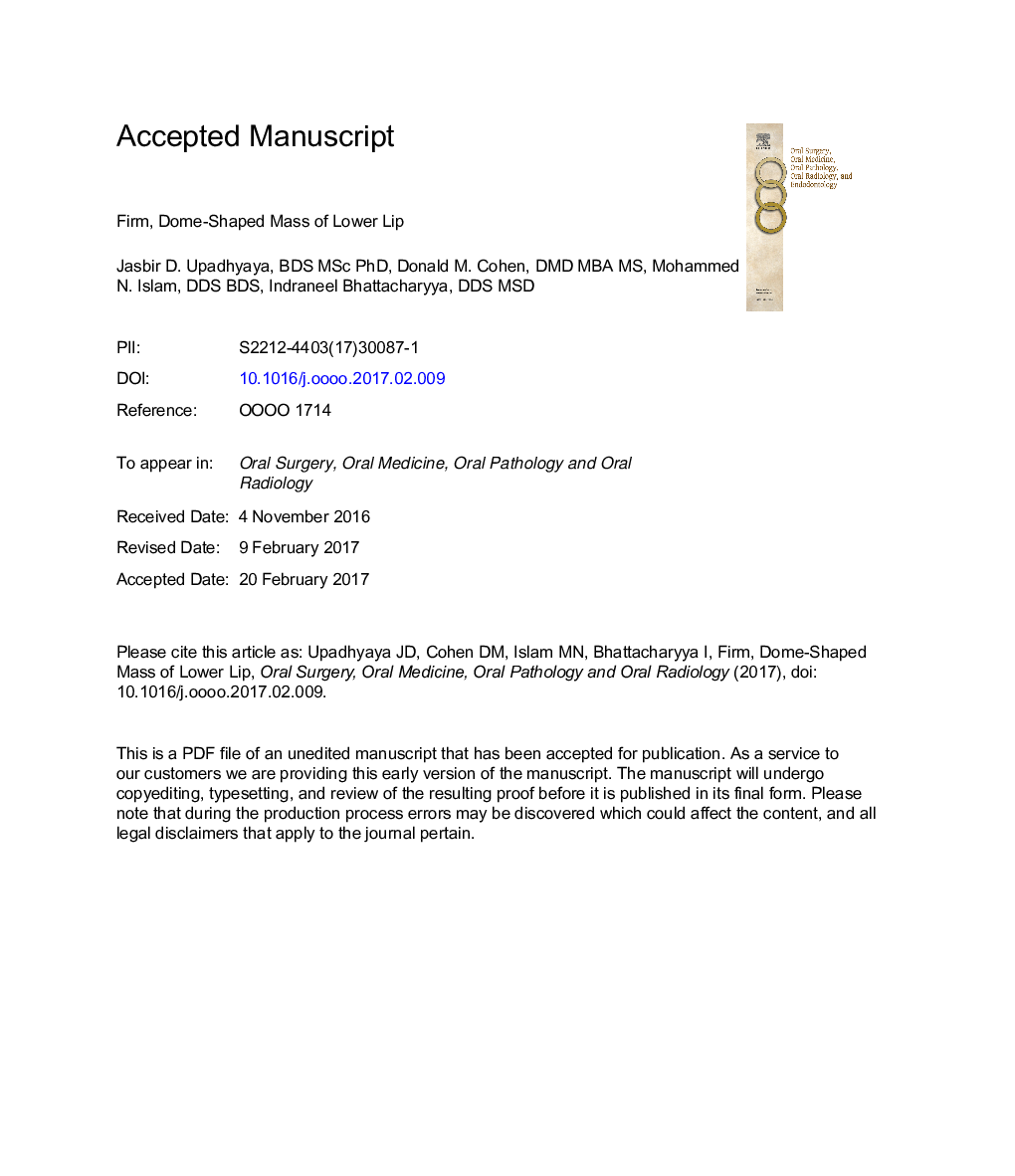 Firm, dome-shaped mass of lower lip