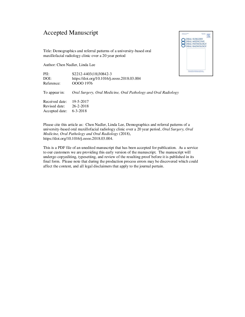 Demographics and referral patterns of a university-based oral maxillofacial radiology clinic over a 20 year period