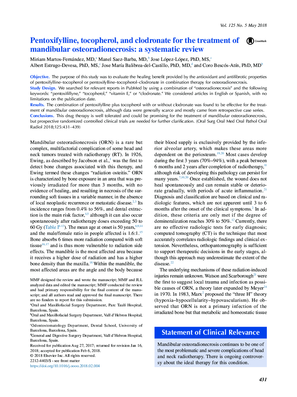 پنتوکسی فیلین، توکوفرول و کلدرونیت برای درمان استئوآرتریت زخم مندیبول: بررسی سیستماتیک 