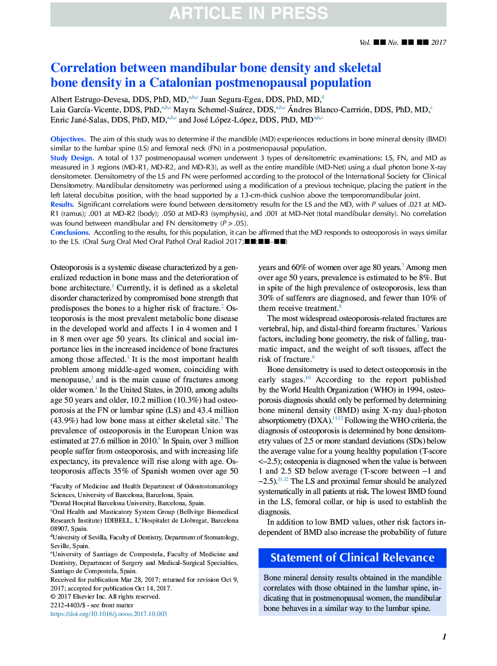 Correlation between mandibular bone density and skeletal bone density in a Catalonian postmenopausal population