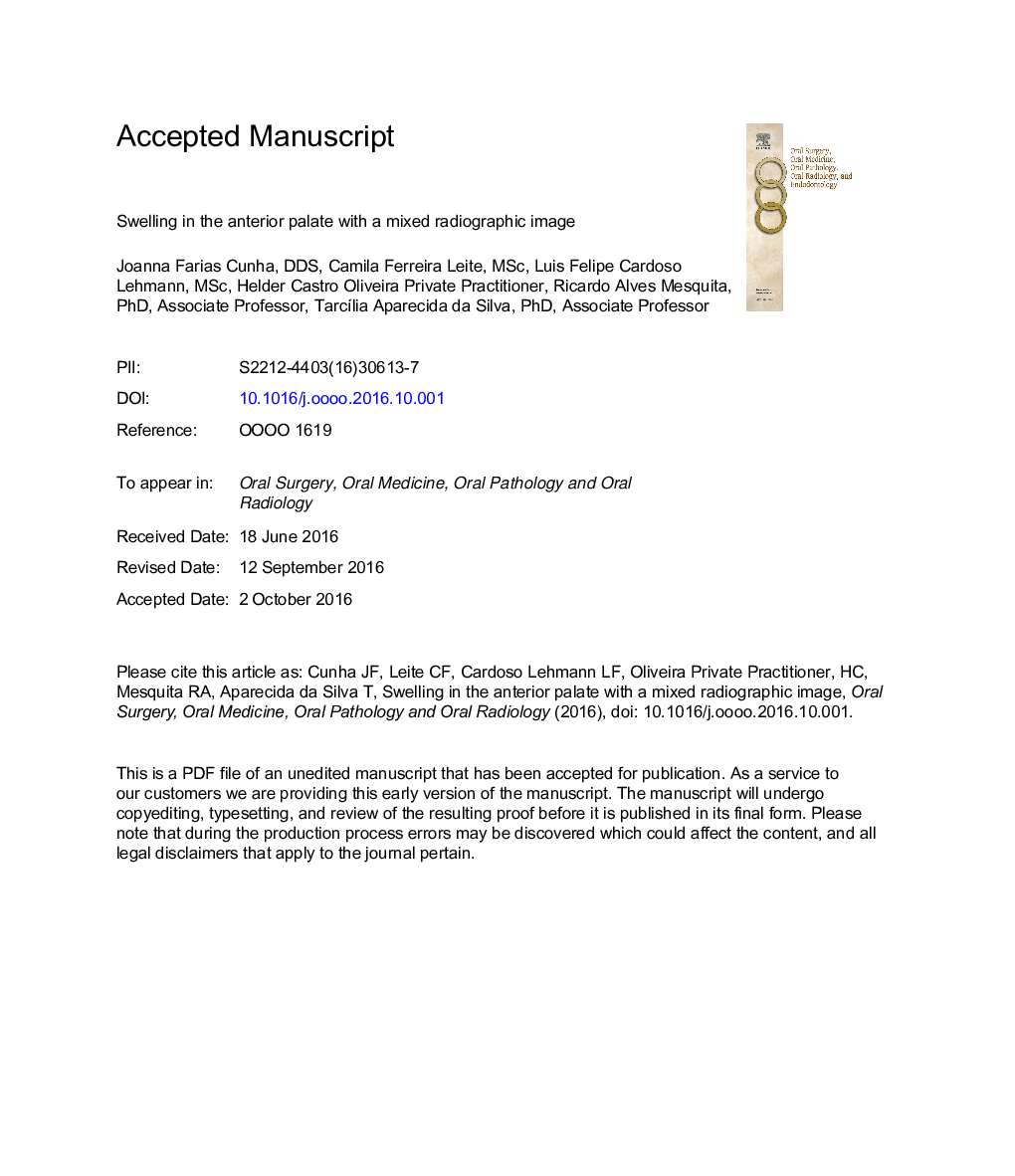 Swelling in the anterior palate with a mixed radiographic image