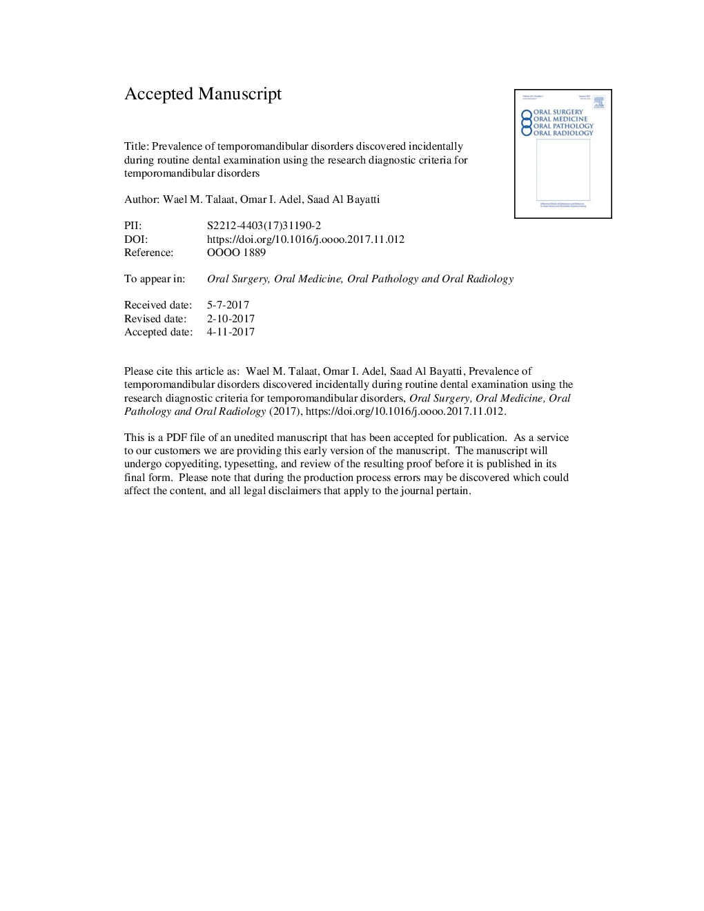 Prevalence of temporomandibular disorders discovered incidentally during routine dental examination using the Research Diagnostic Criteria for Temporomandibular Disorders