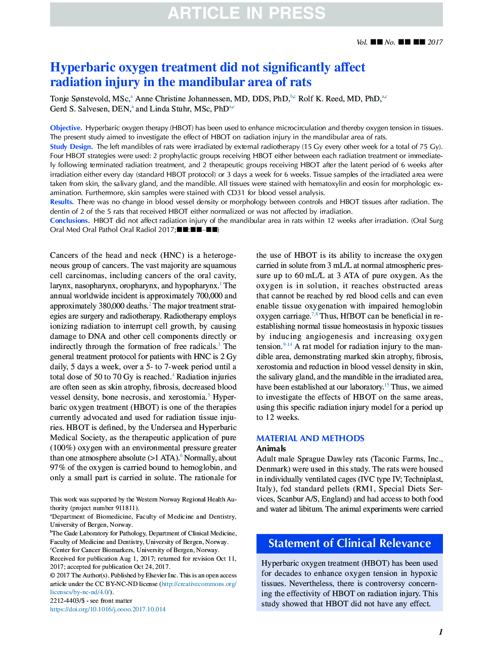 Hyperbaric oxygen treatment did not significantly affect radiation injury in the mandibular area of rats