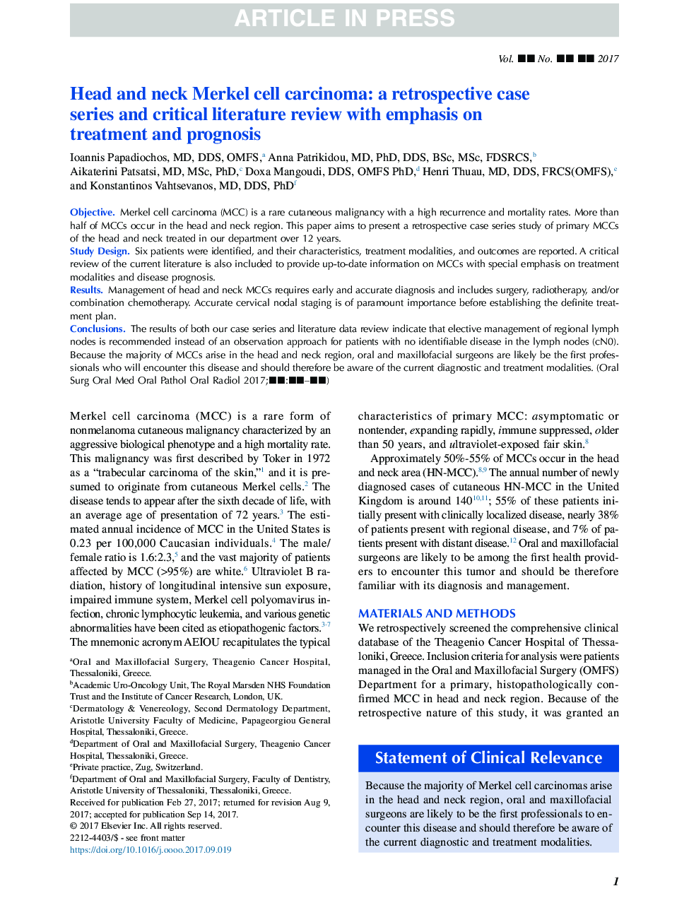 Head and neck Merkel cell carcinoma: a retrospective case series and critical literature review with emphasis on treatment and prognosis