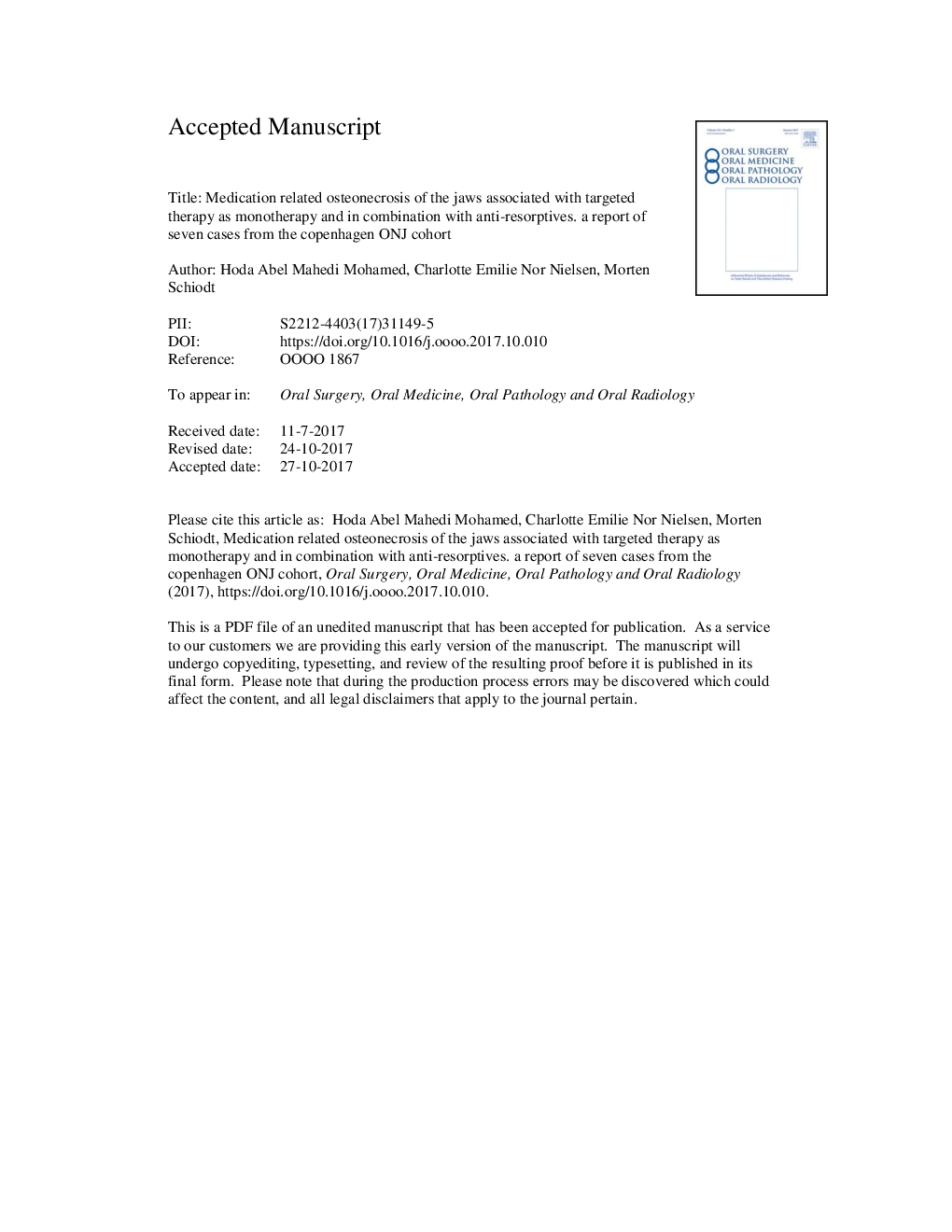 Medication related osteonecrosis of the jaws associated with targeted therapy as monotherapy and in combination with antiresorptives. A report of 7 cases from the Copenhagen Cohort