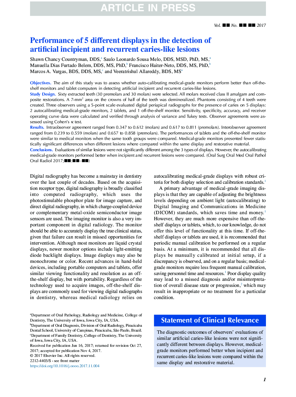 Performance of 5 different displays in the detection of artificial incipient and recurrent caries-like lesions