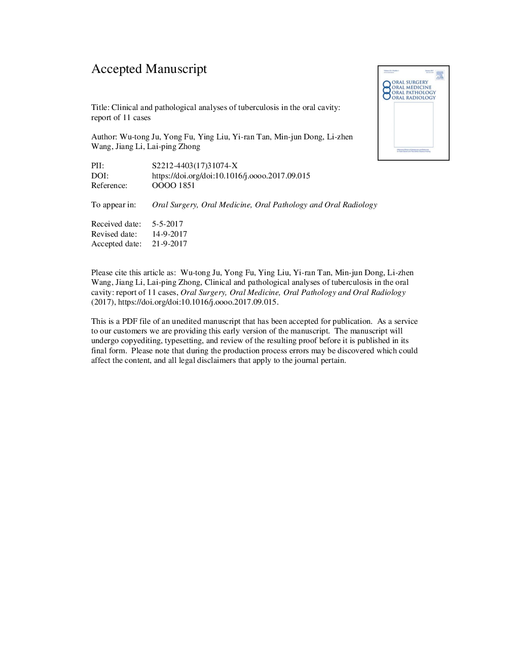 Clinical and pathologic analyses of tuberculosis in the oral cavity: report of 11 cases