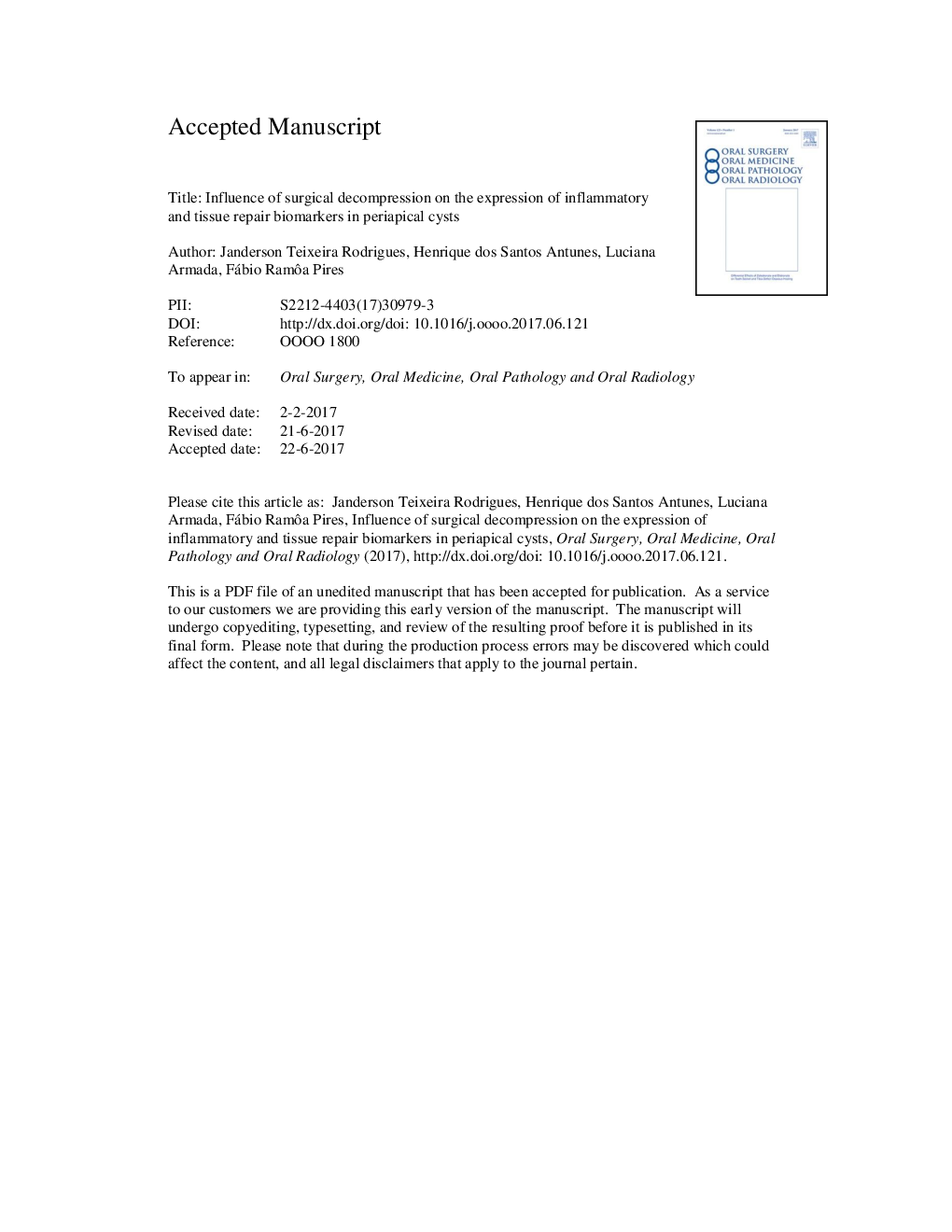 Influence of surgical decompression on the expression of inflammatory and tissue repair biomarkers in periapical cysts