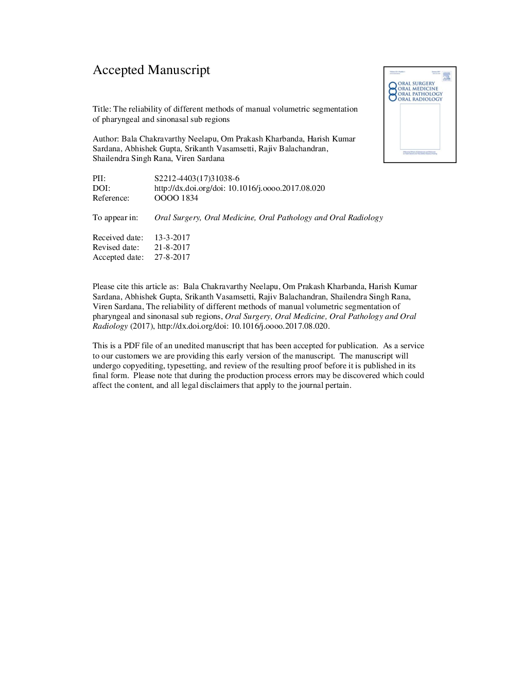 The reliability of different methods of manual volumetric segmentation of pharyngeal and sinonasal subregions