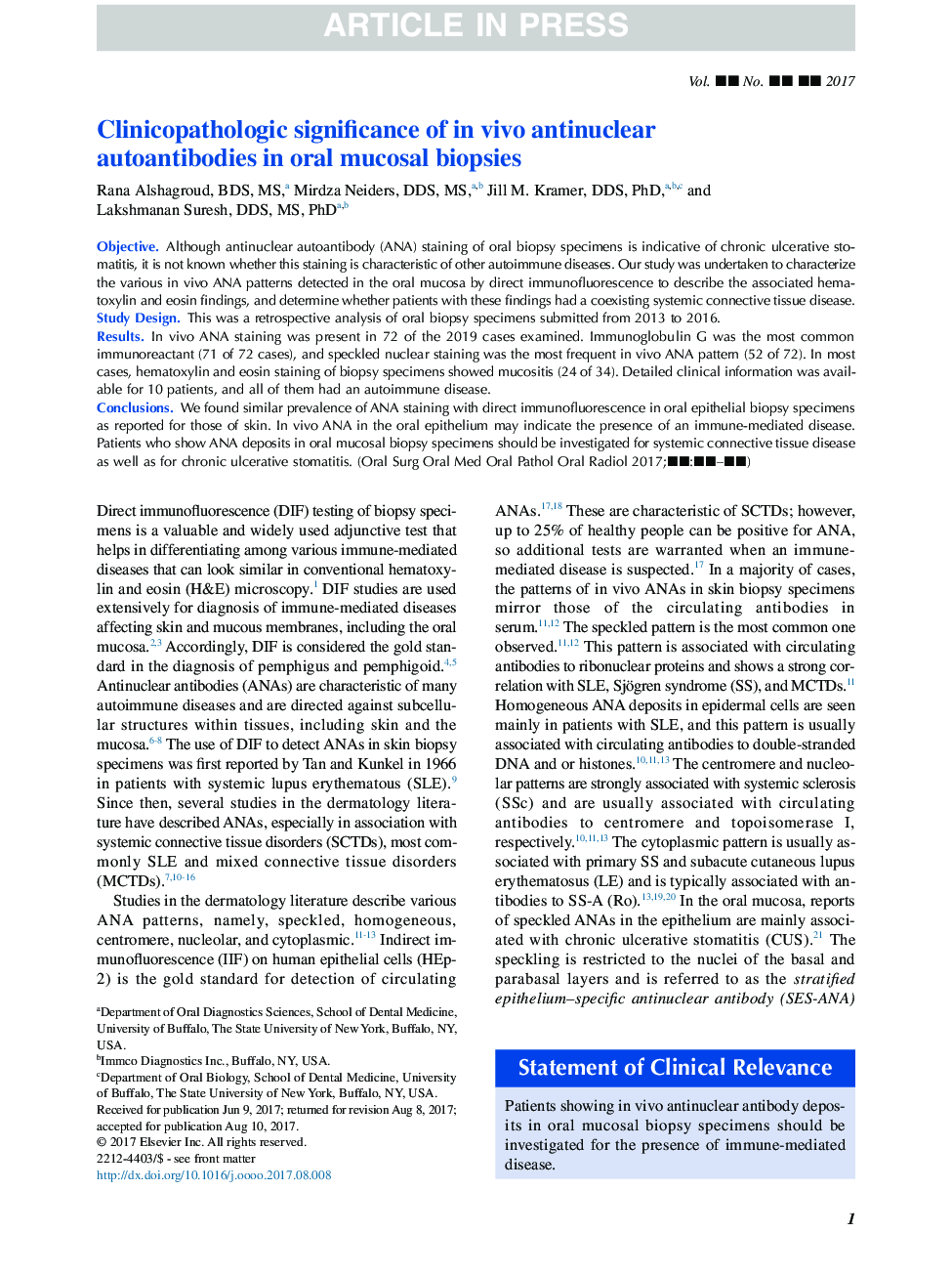 Clinicopathologic significance of in vivo antinuclear autoantibodies in oral mucosal biopsies