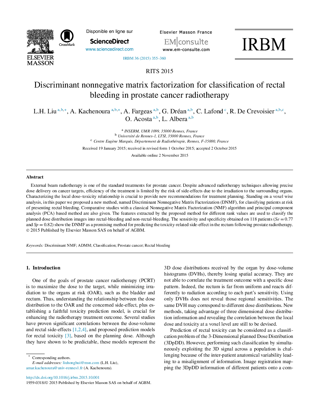 Discriminant nonnegative matrix factorization for classification of rectal bleeding in prostate cancer radiotherapy