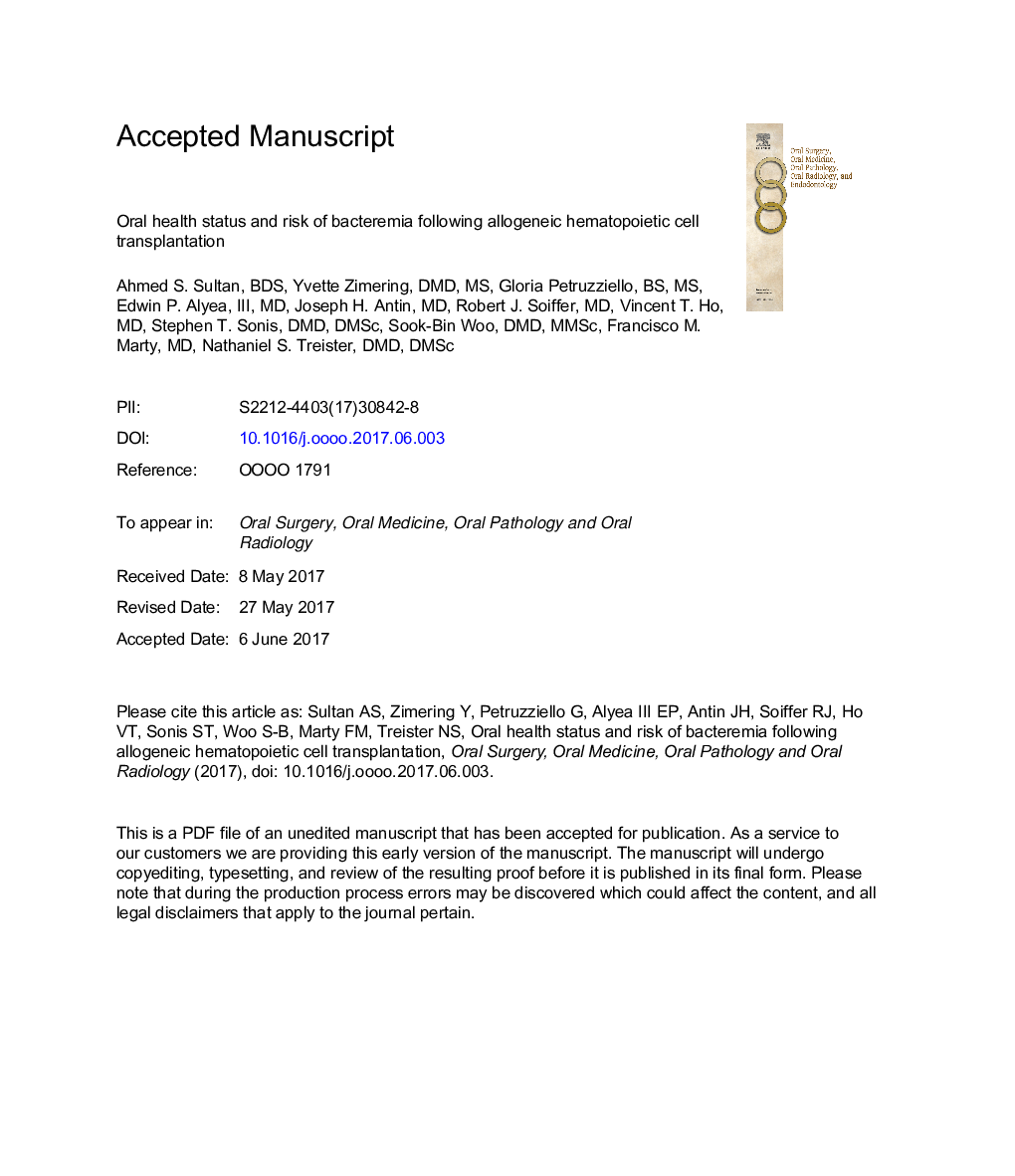 Oral health status and risk of bacteremia following allogeneic hematopoietic cell transplantation