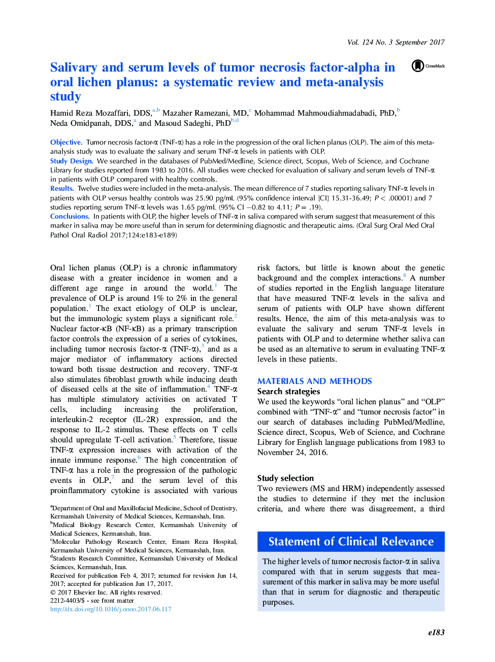 Salivary and serum levels of tumor necrosis factor-alpha in oral lichen planus: a systematic review and meta-analysis study