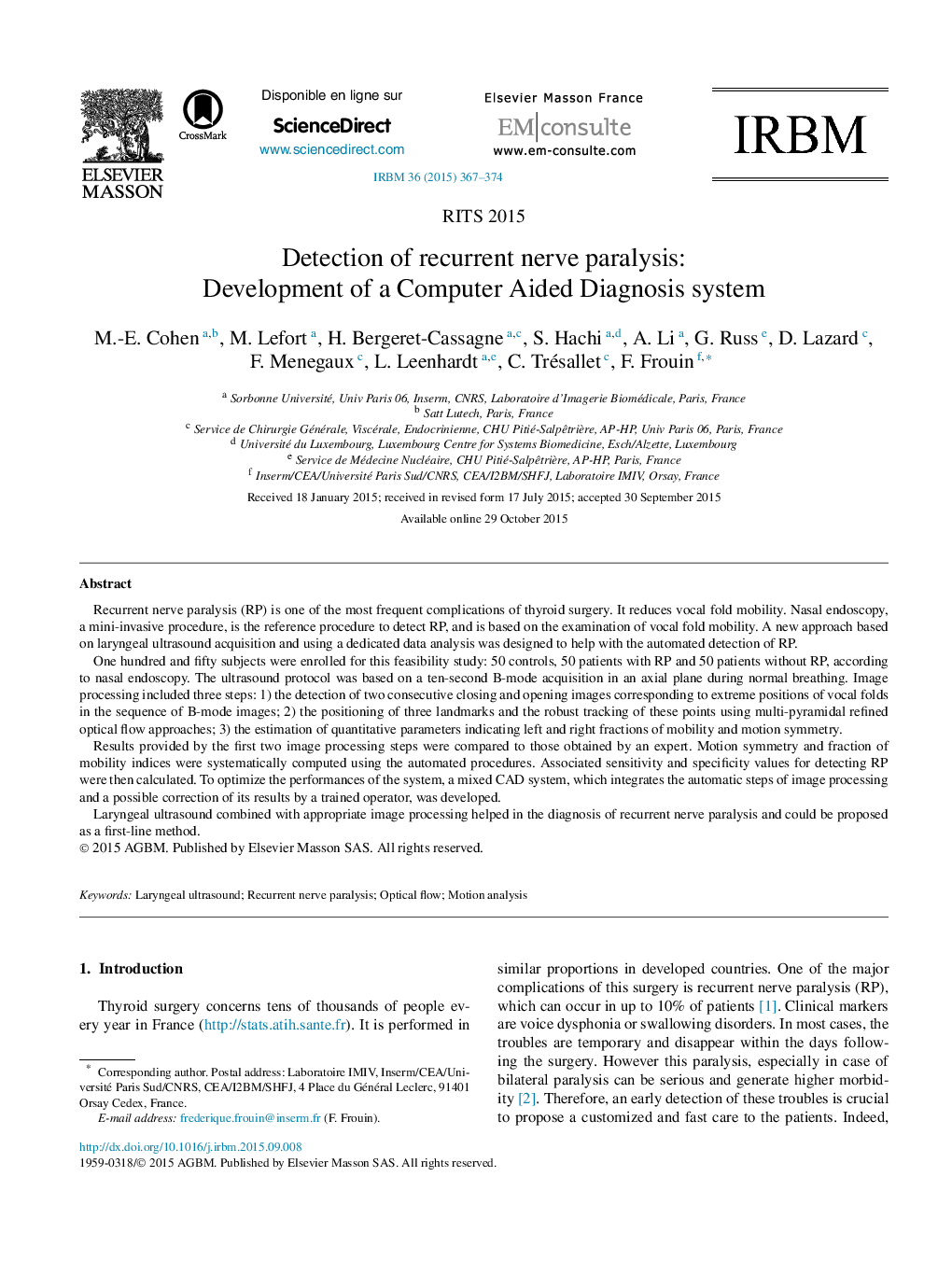 Detection of recurrent nerve paralysis: Development of a Computer Aided Diagnosis system