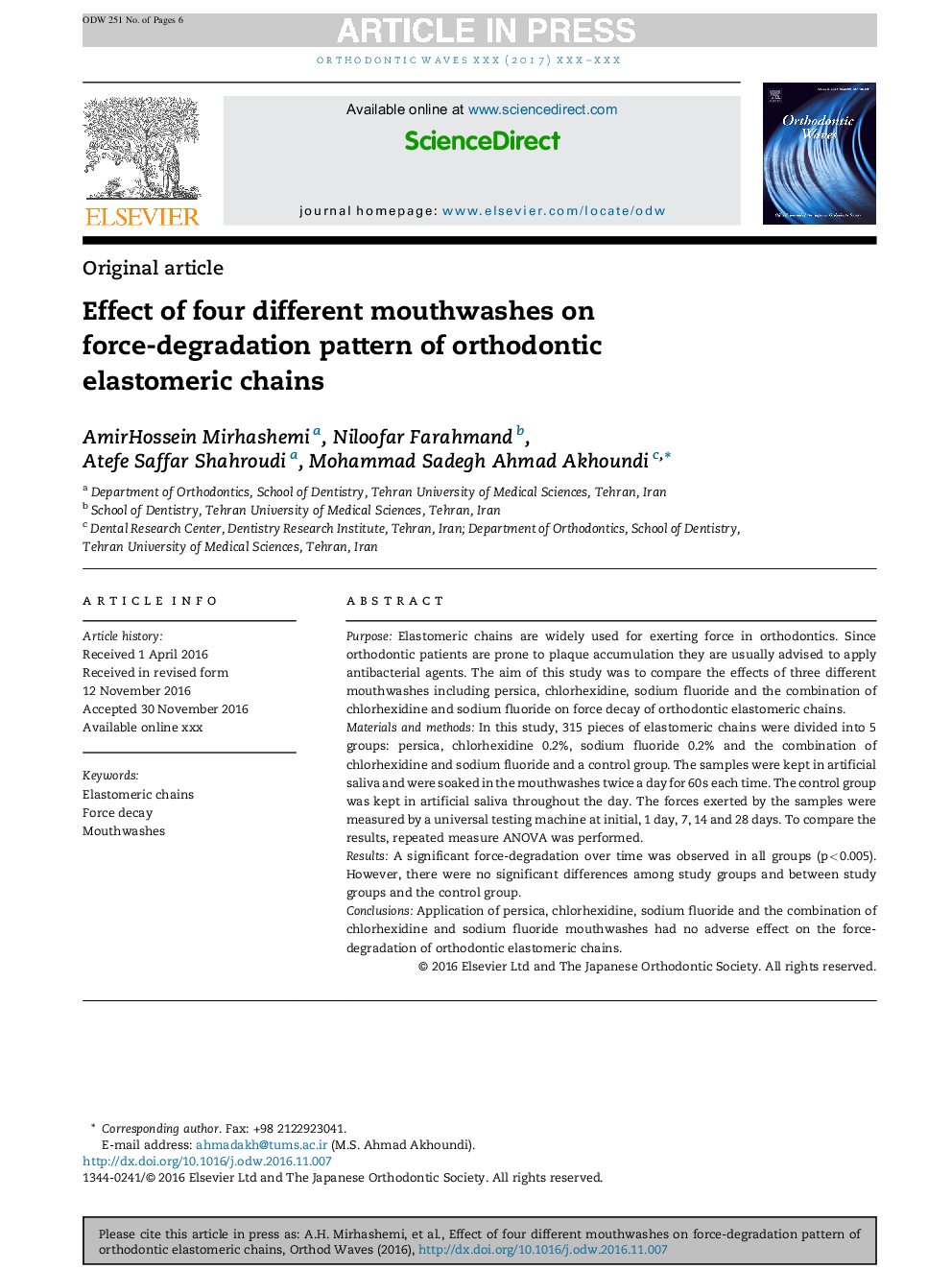 Effect of four different mouthwashes on force-degradation pattern of orthodontic elastomeric chains