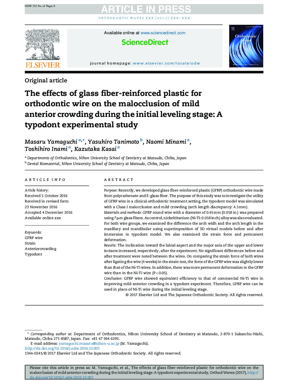 The effects of glass fiber-reinforced plastic for orthodontic wire on the malocclusion of mild anterior crowding during the initial leveling stage: A typodont experimental study