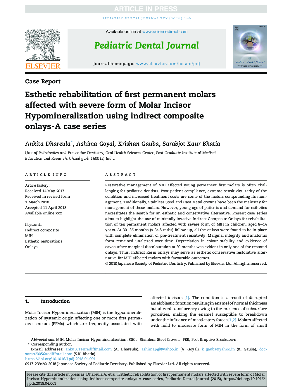 Esthetic rehabilitation of first permanent molars affected with severe form of Molar Incisor Hypomineralization using indirect composite onlays-A case series