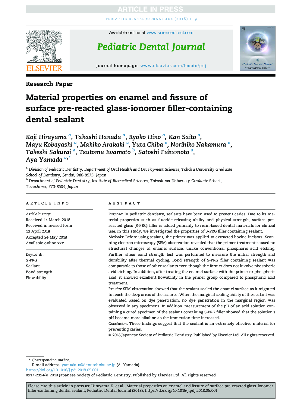 Material properties on enamel and fissure of surface pre-reacted glass-ionomer filler-containing dental sealant