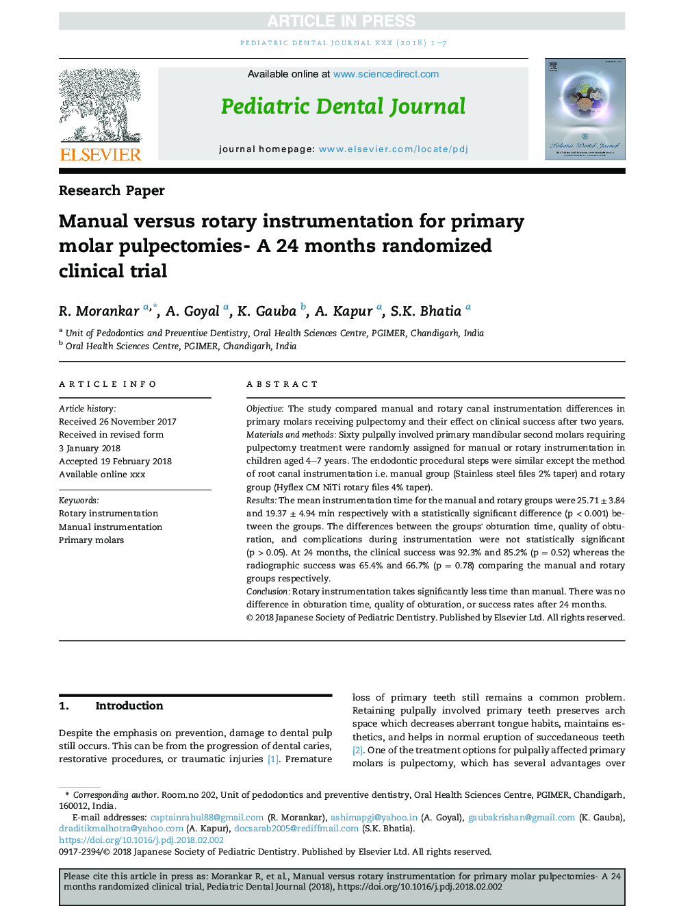 Manual versus rotary instrumentation for primary molar pulpectomies- A 24 months randomized clinical trial