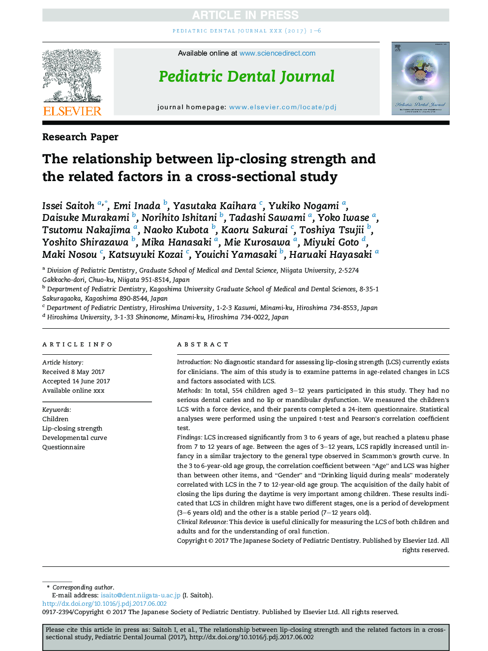 The relationship between lip-closing strength and the related factors in a cross-sectional study