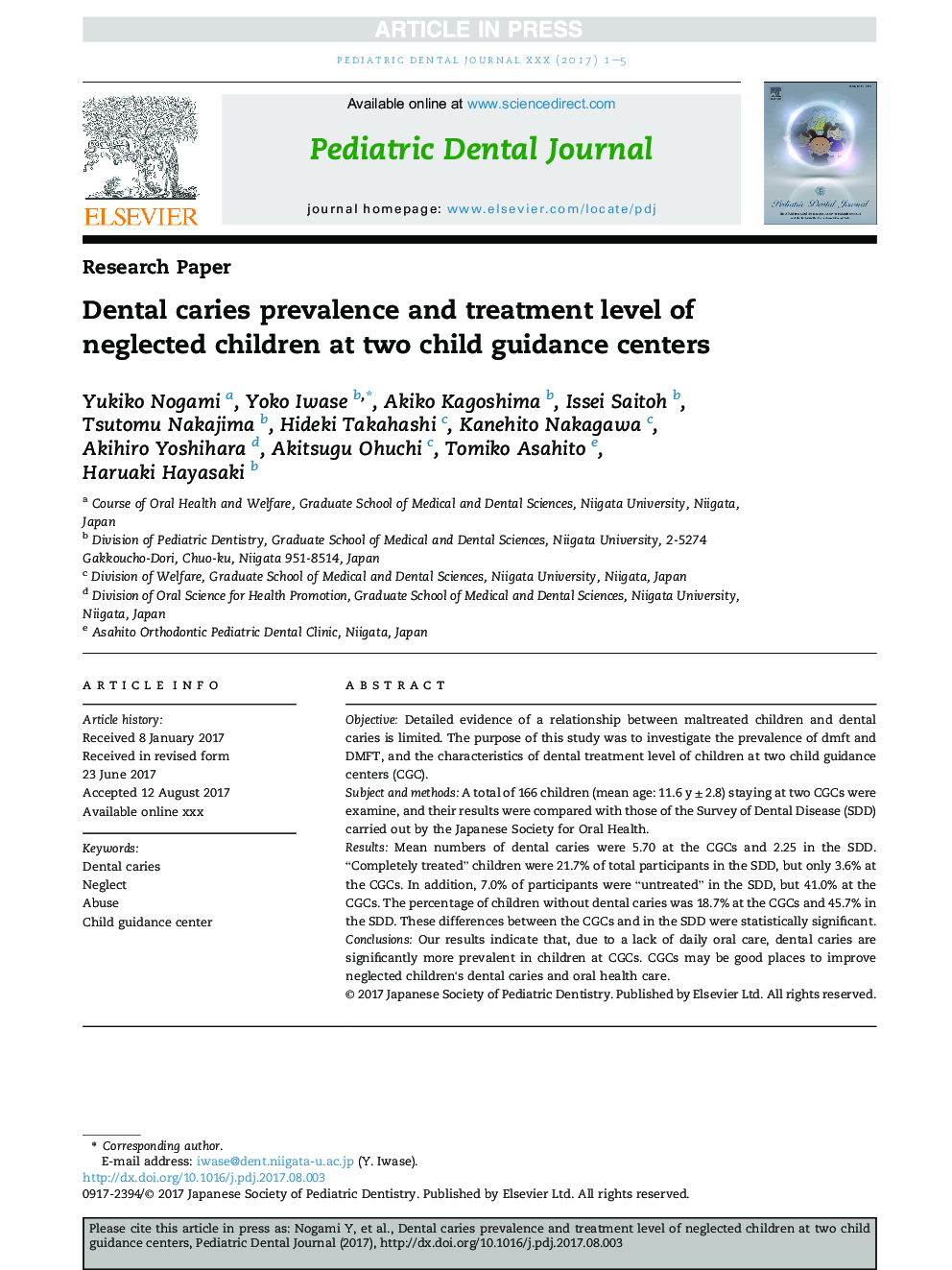 Dental caries prevalence and treatment level of neglected children at two child guidance centers