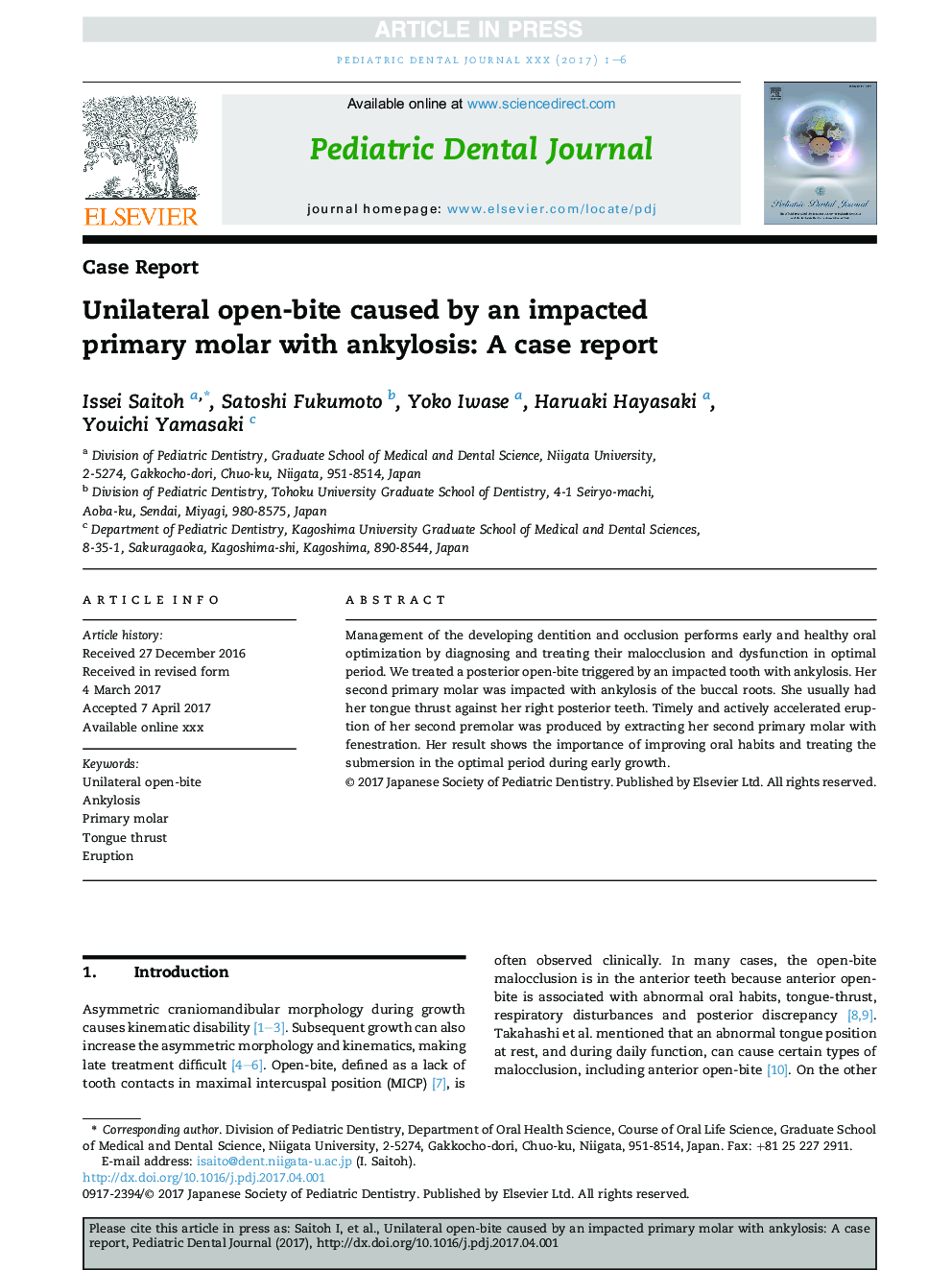 Unilateral open-bite caused by an impacted primary molar with ankylosis: A case report