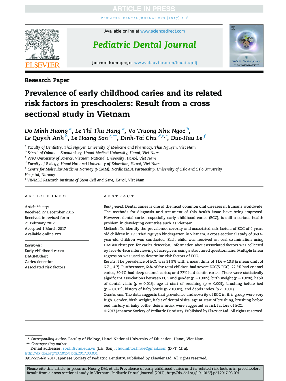 Prevalence of early childhood caries and its related risk factors in preschoolers: Result from a cross sectional study in Vietnam