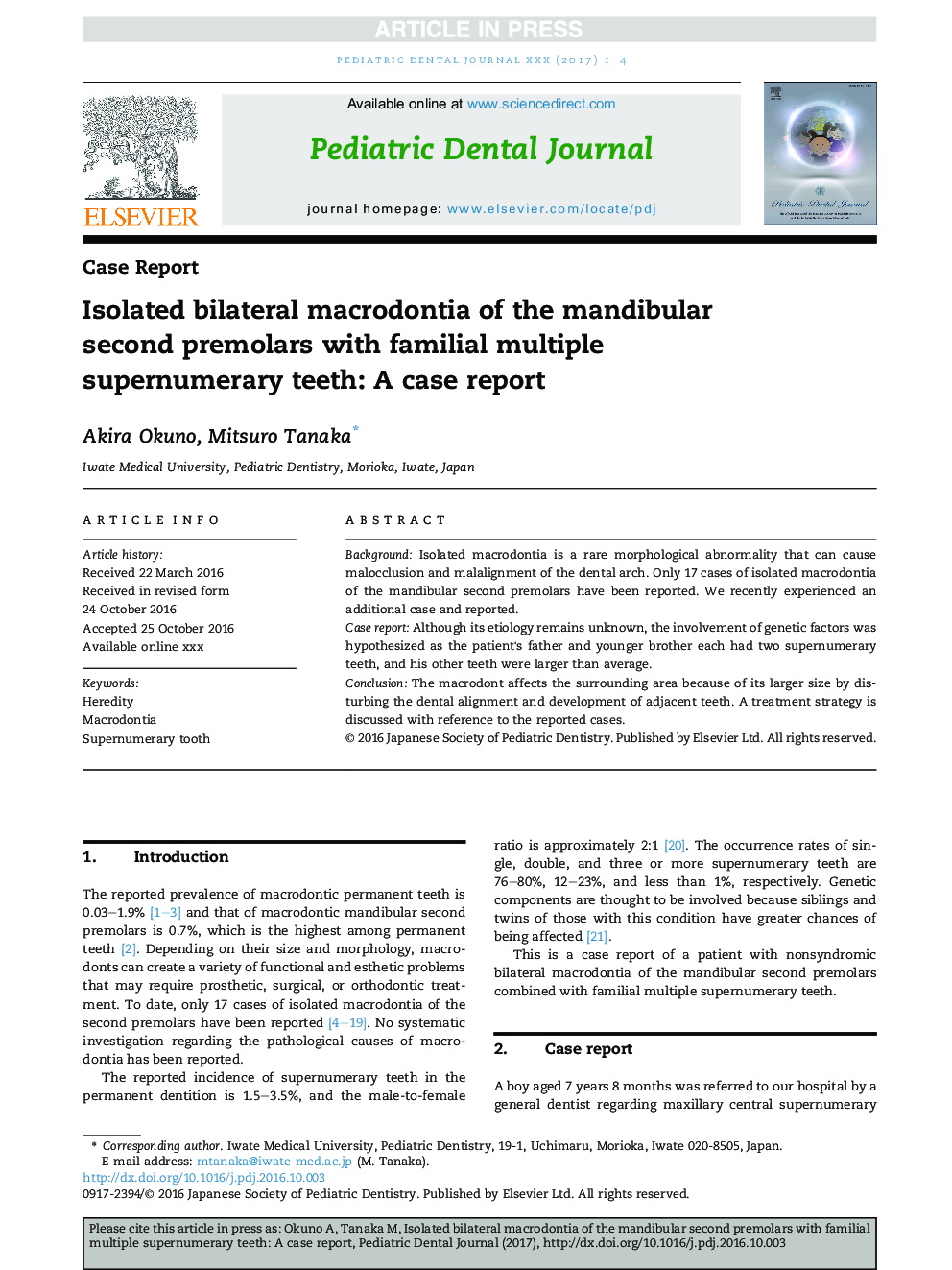 Isolated bilateral macrodontia of the mandibular second premolars with familial multiple supernumerary teeth: A case report