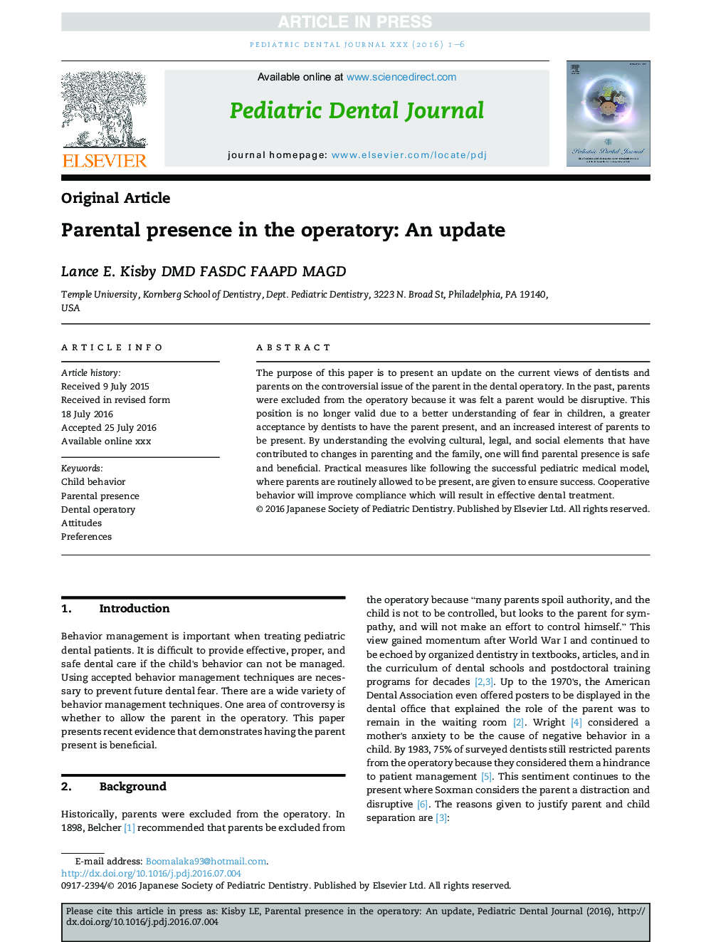 Parental presence in the operatory: An update