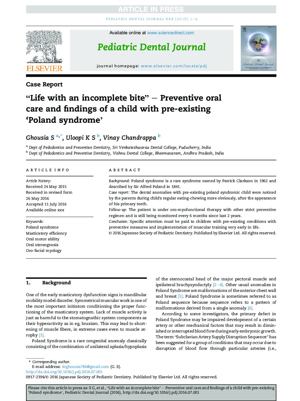 “Life with an incomplete bite” - Preventive oral care and findings of a child with pre-existing 'Poland syndrome'