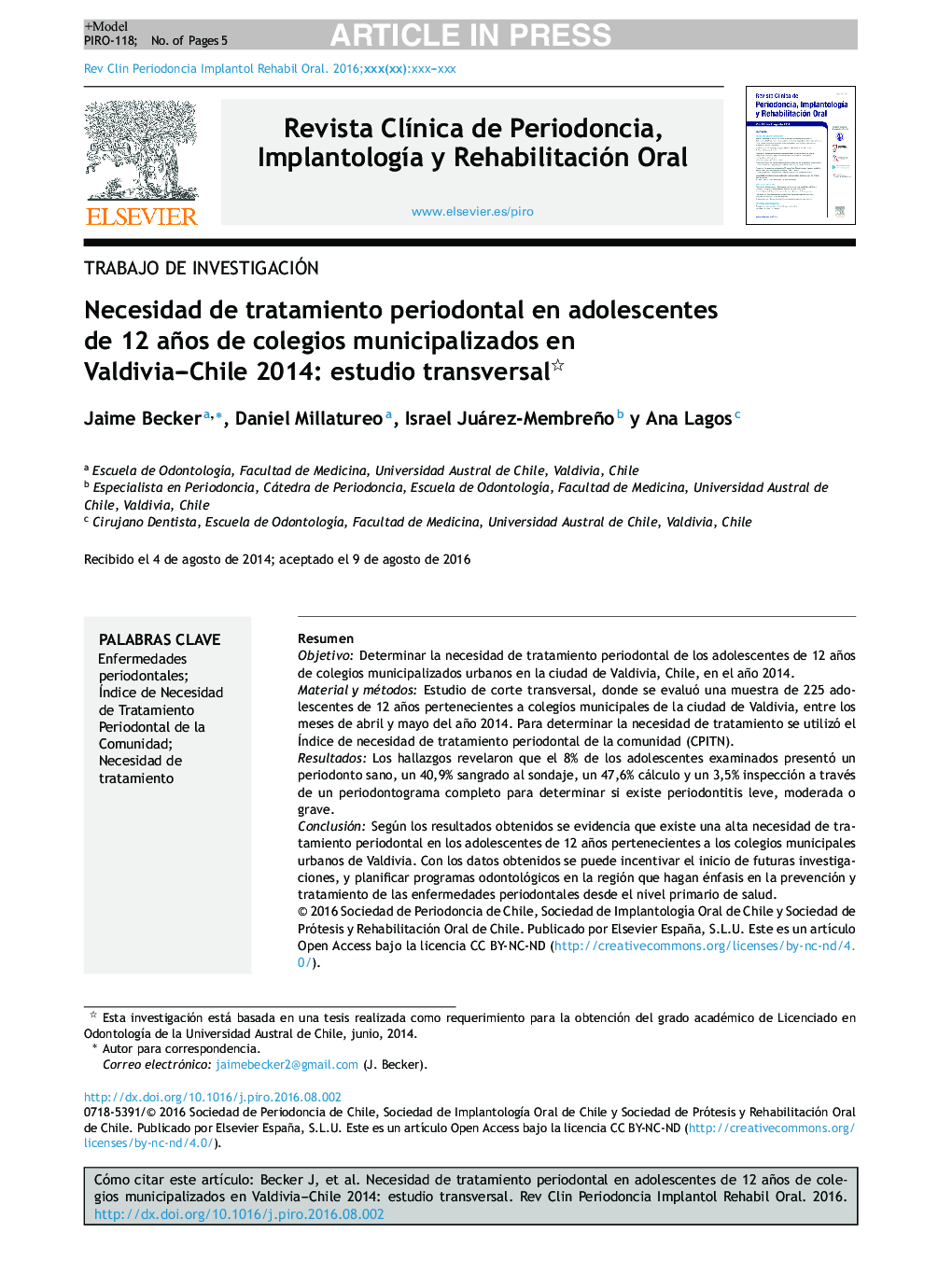 Necesidad de tratamiento periodontal en adolescentes de 12 años de colegios municipalizados en Valdivia-Chile 2014: estudio transversal