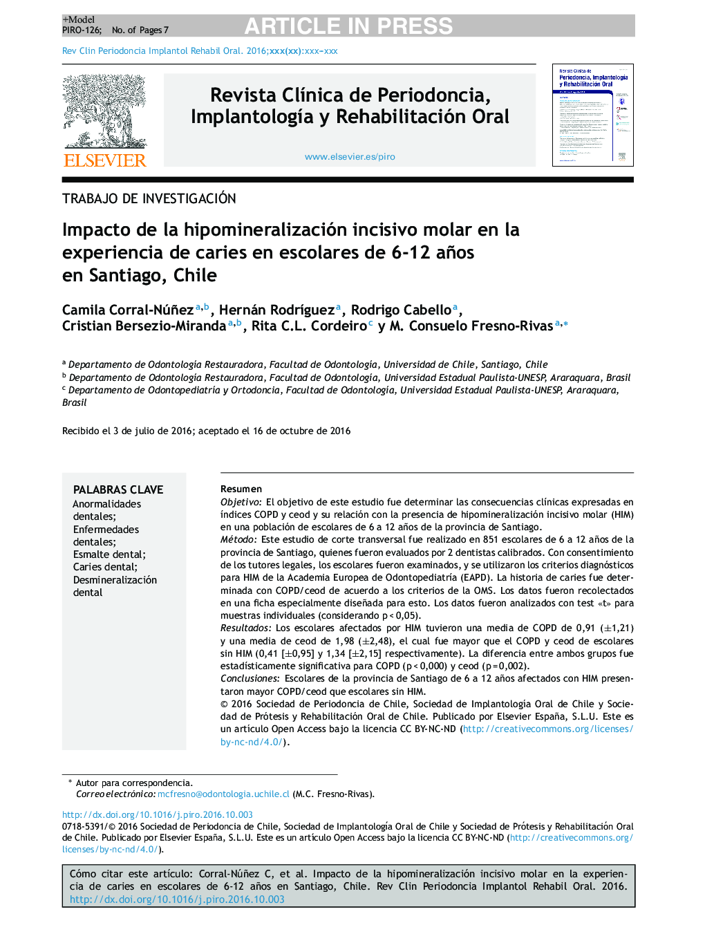 Impacto de la hipomineralización incisivo molar en la experiencia de caries en escolares de 6-12 años en Santiago, Chile