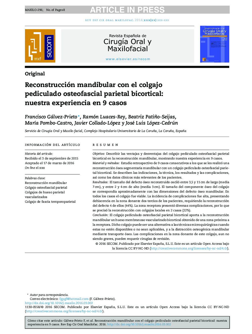 Reconstrucción mandibular con el colgajo pediculado osteofascial parietal bicortical: nuestra experiencia en 9 casos