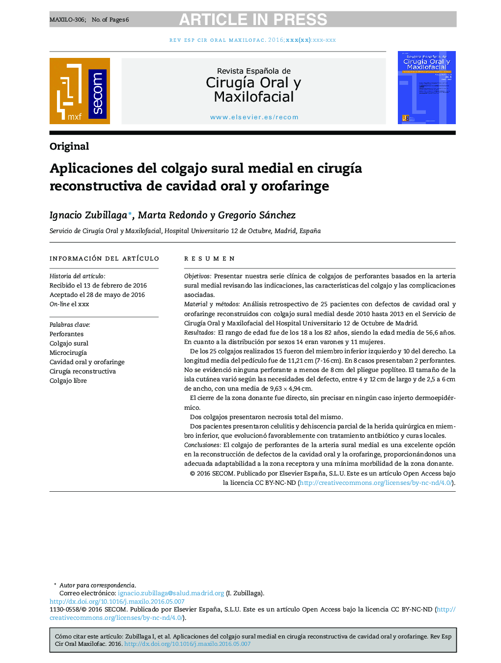 Aplicaciones del colgajo sural medial en cirugÃ­a reconstructiva de cavidad oral y orofaringe