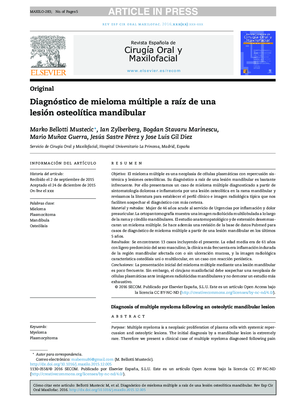 Diagnóstico de mieloma múltiple a raÃ­z de una lesión osteolÃ­tica mandibular