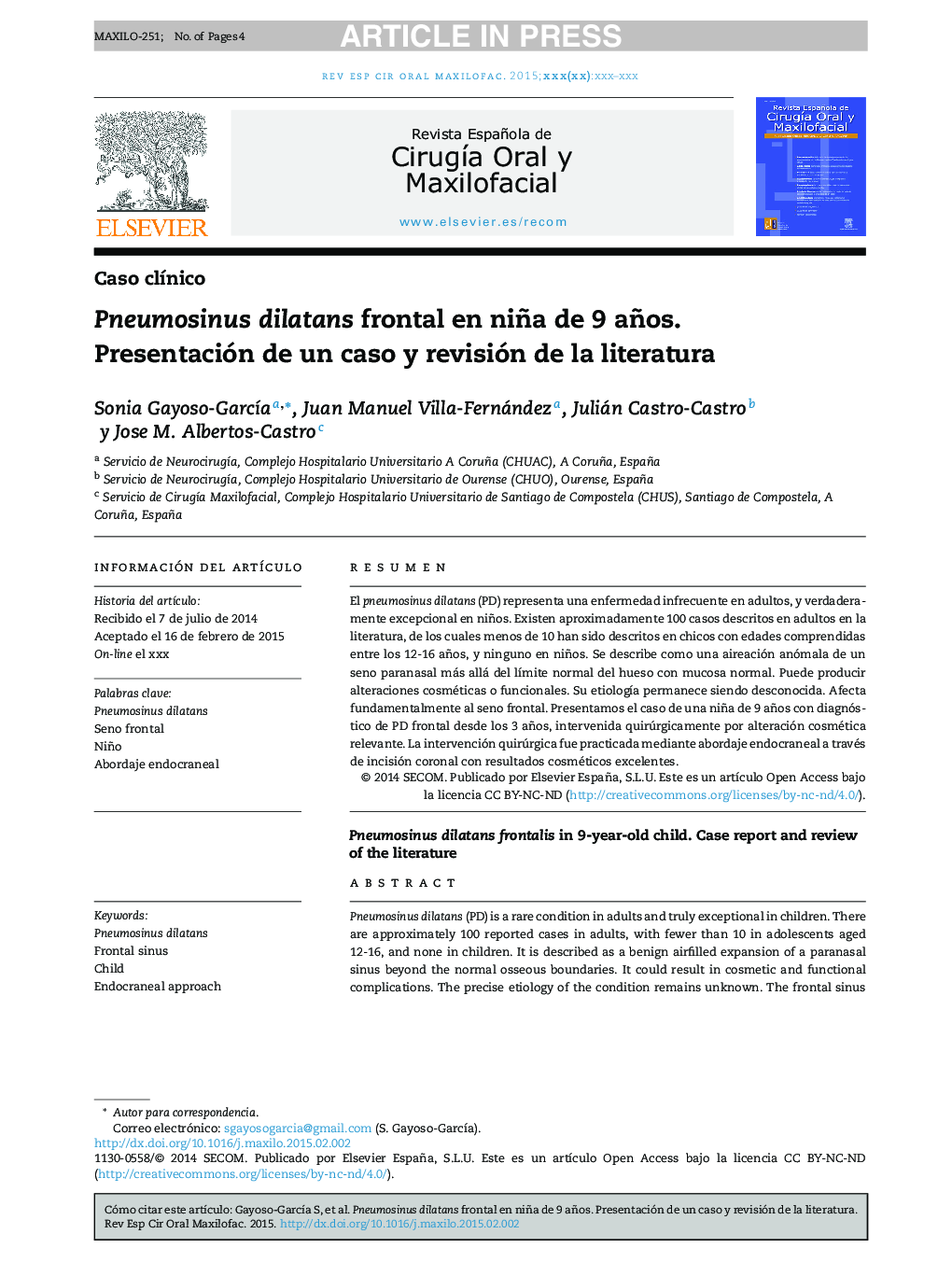 Pneumosinus dilatans frontal en niña de 9 años. Presentación de un caso y revisión de la literatura