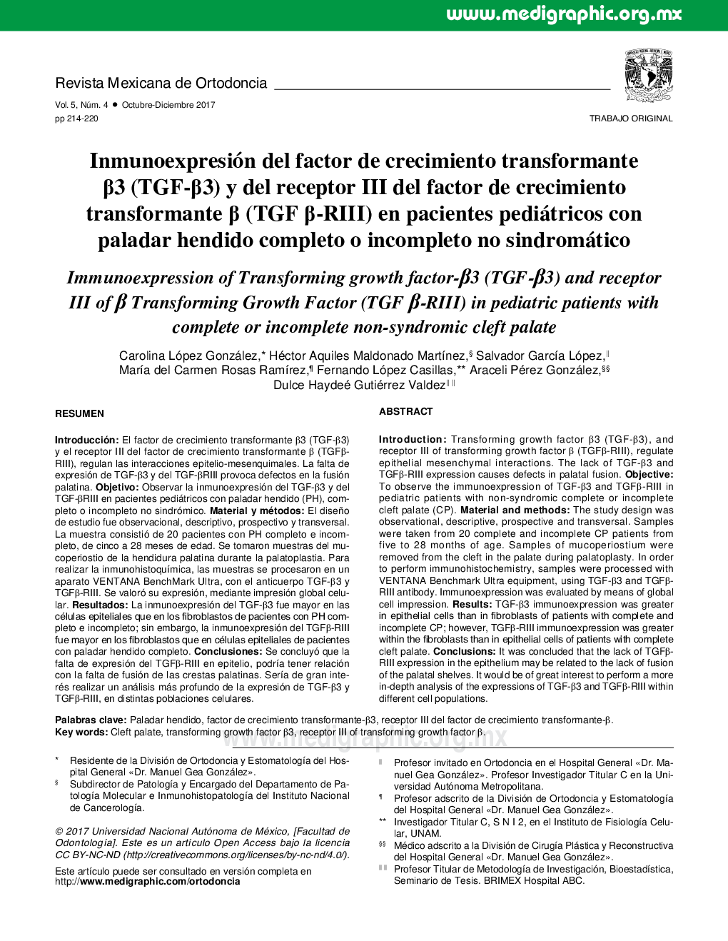Inmunoexpresión del factor de crecimiento transformante Î²3 (TGF-Î²3) y del receptor III del factor de crecimiento transformante Î² (TGF Î²-RIII) en pacientes pediátricos con paladar hendido completo o incompleto no sindromático