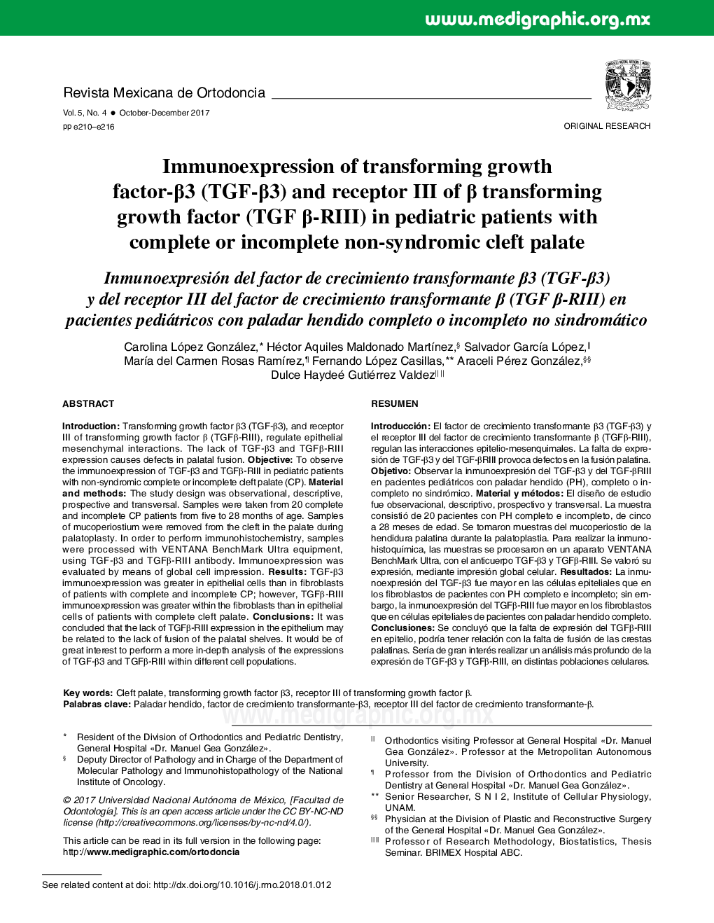 Immunoexpression of transforming growth factor-Î²3 (TGF-Î²3) and receptor III of Î² transforming growth factor (TGF Î²-RIII) in pediatric patients with complete or incomplete non-syndromic cleft palate