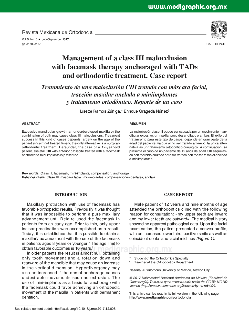 Management of a class III malocclusion with facemask therapy anchoraged with TADs and orthodontic treatment. Case report