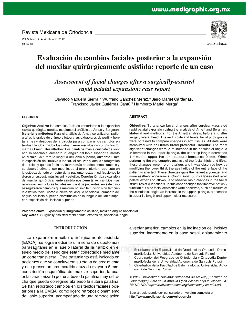 Evaluación de cambios faciales posterior a la expansión del maxilar quirúrgicamente asistida: reporte de un caso