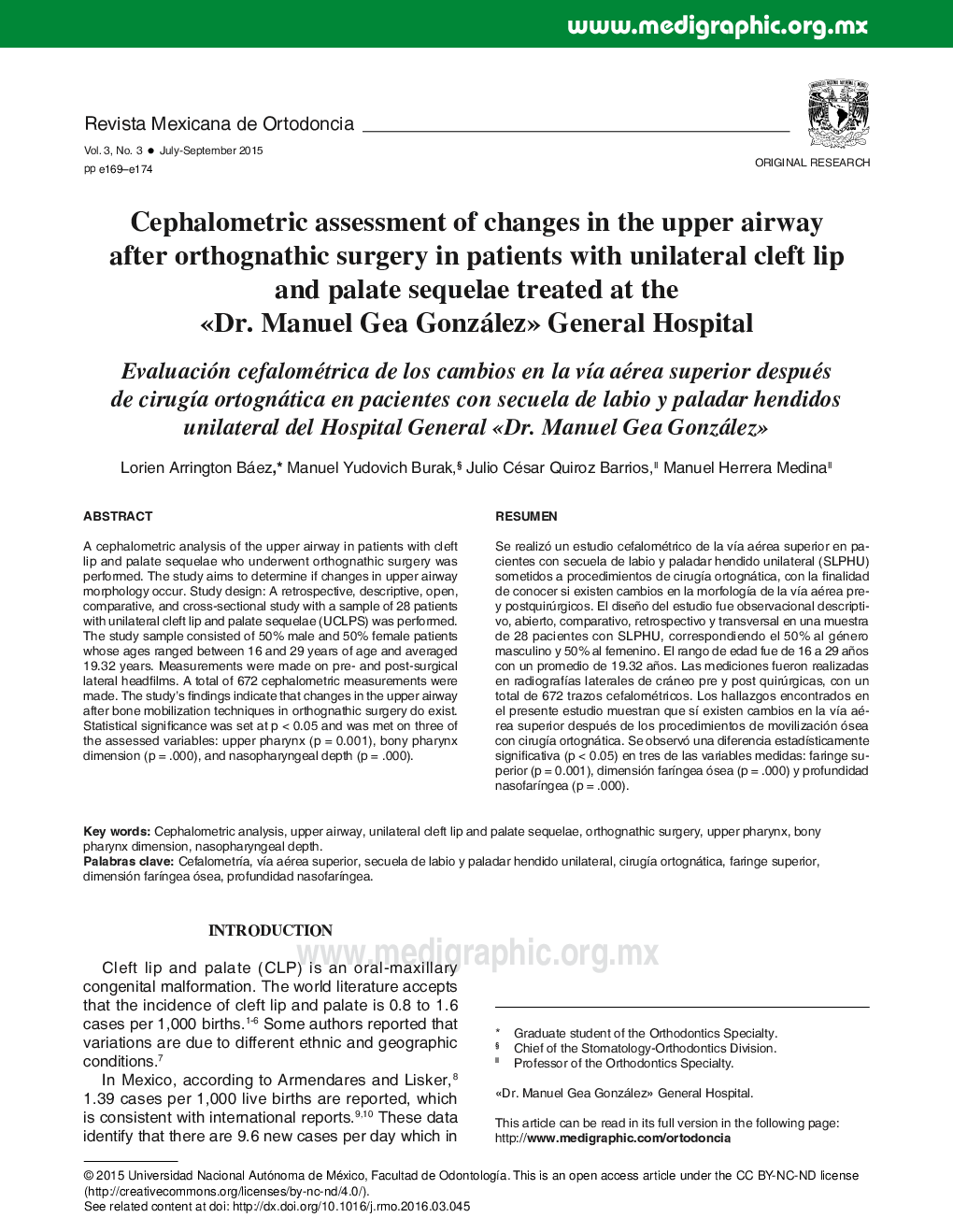 Cephalometric assessment of changes in the upper airway after orthognathic surgery in patients with unilateral cleft lip and palate sequelae treated at the Â«Dr. Manuel Gea GonzálezÂ» General Hospital