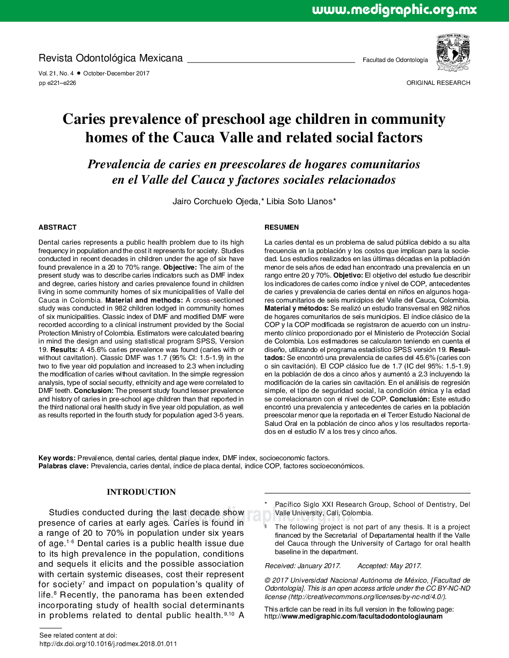 Caries prevalence of preschool age children in community homes of the Cauca Valle and related social factors