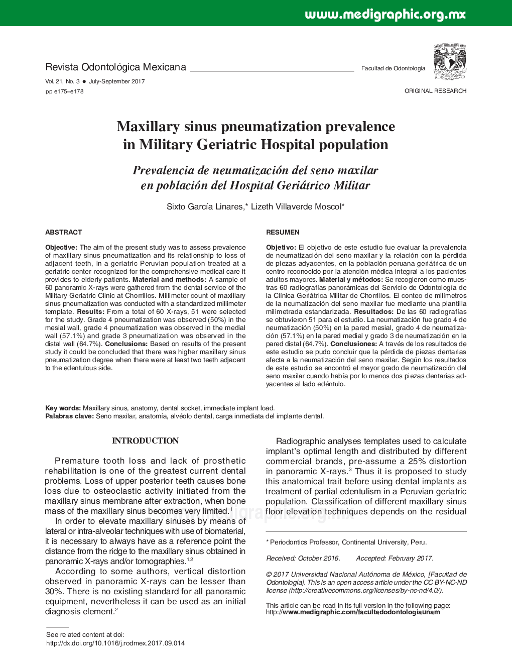 Maxillary sinus pneumatization prevalence in Military Geriatric Hospital population