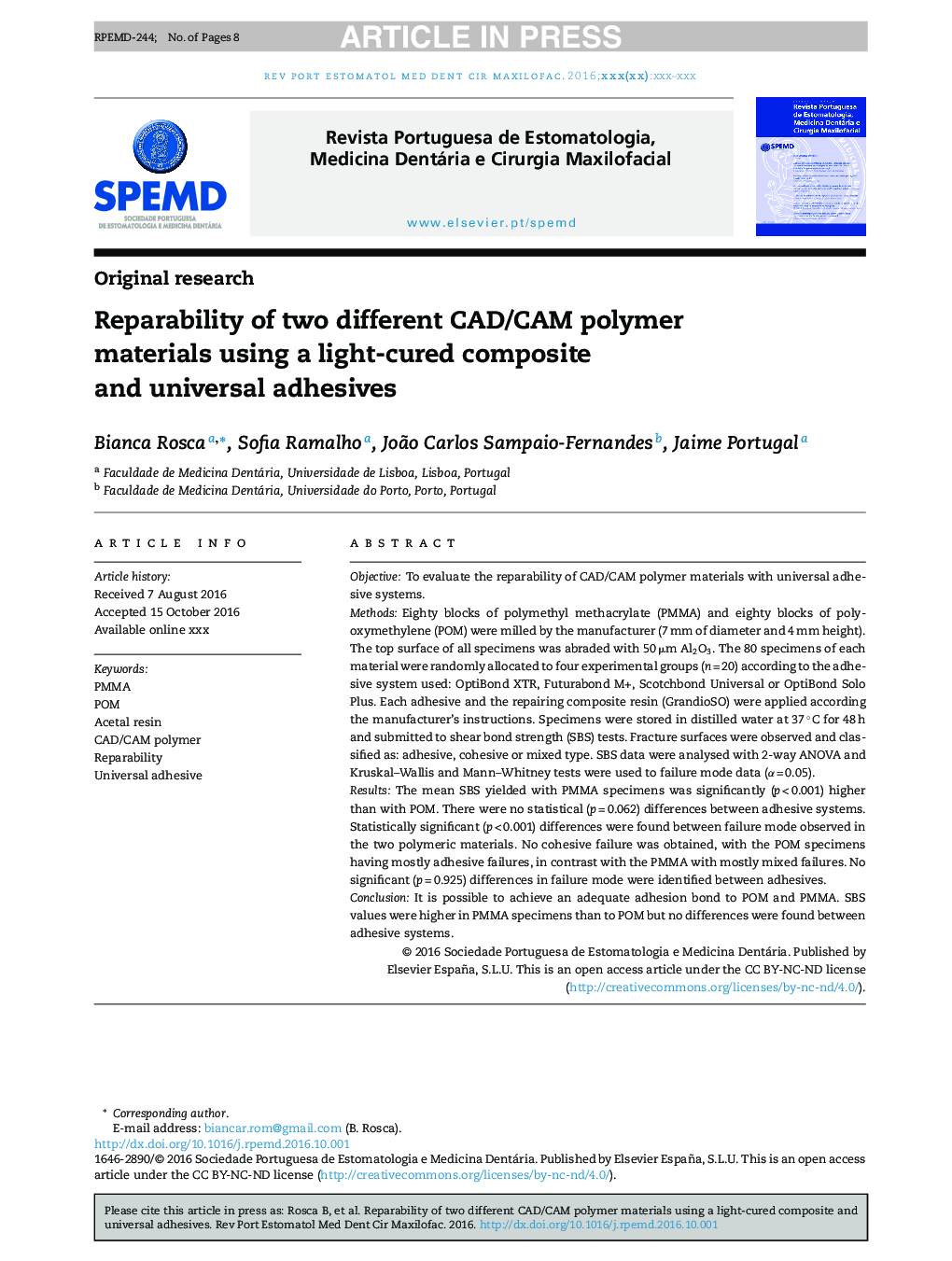 Reparability of two different CAD/CAM polymer materials using a light-cured composite and universal adhesives