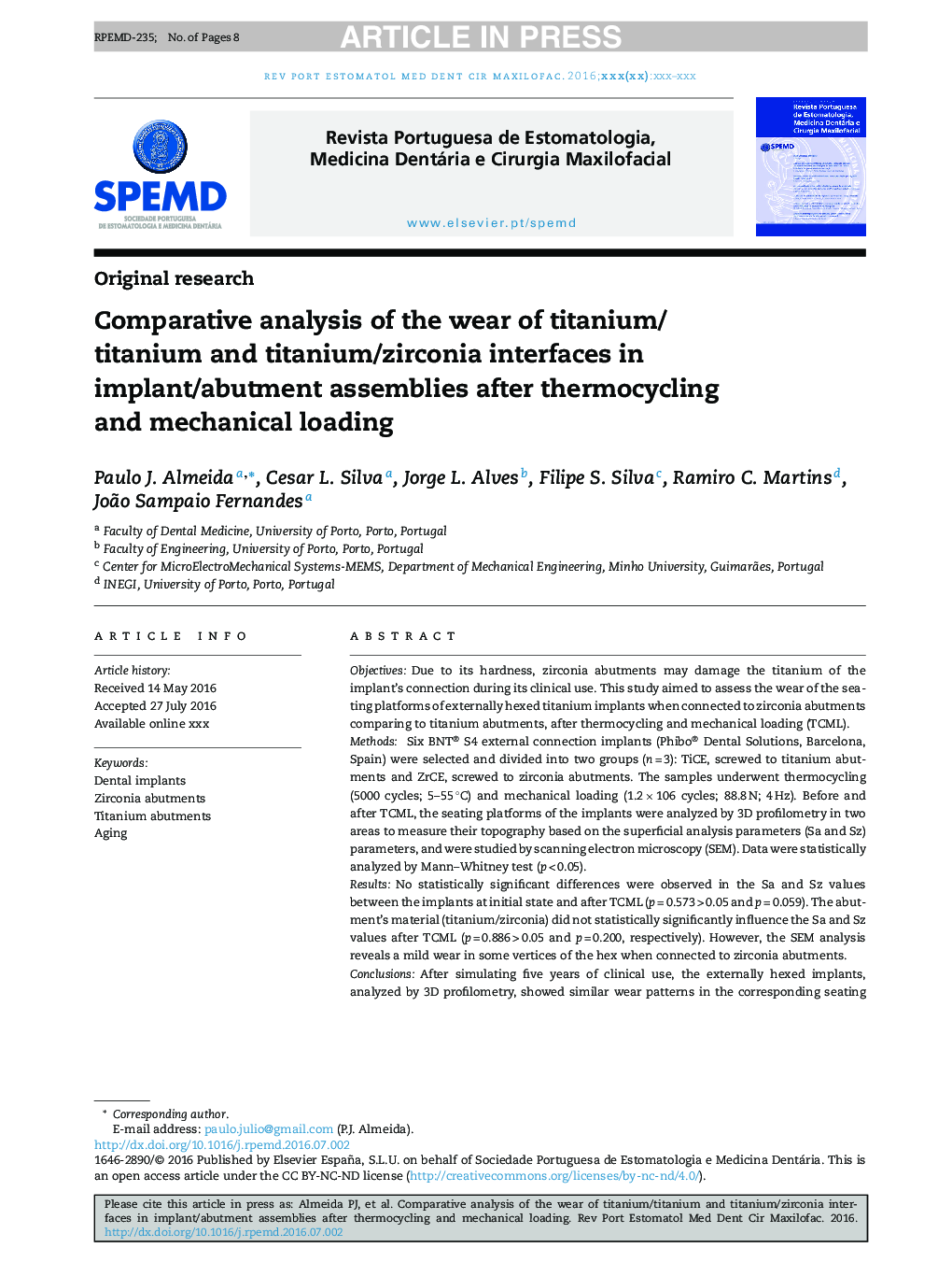 Comparative analysis of the wear of titanium/titanium and titanium/zirconia interfaces in implant/abutment assemblies after thermocycling and mechanical loading