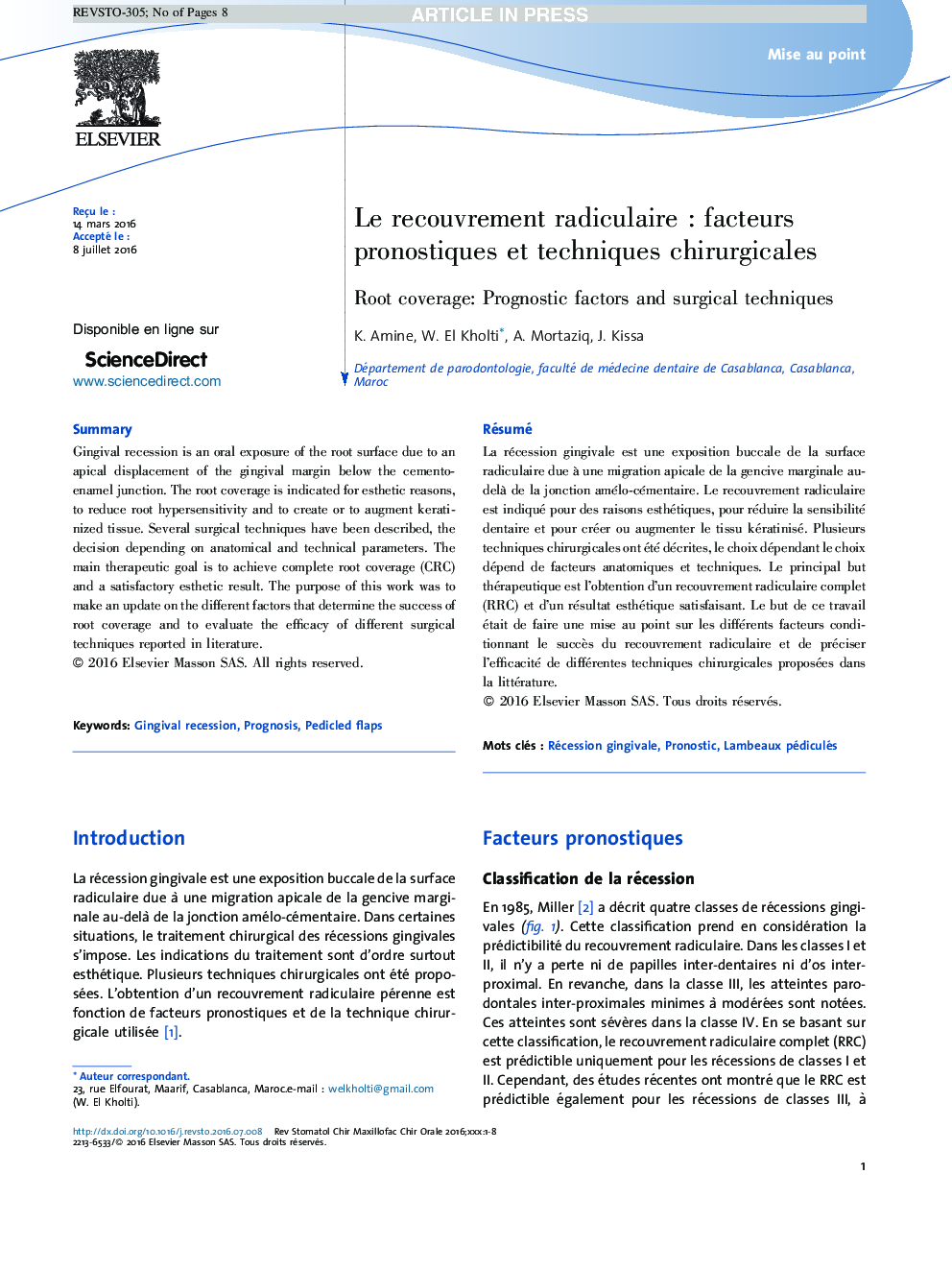 Le recouvrement radiculaireÂ : facteurs pronostiques et techniques chirurgicales