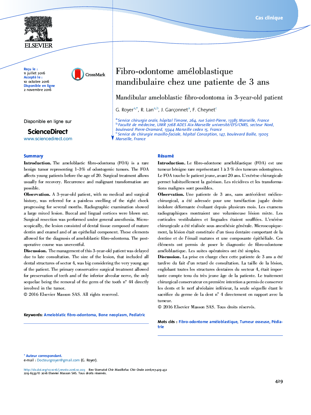 Fibro-odontome améloblastique mandibulaire chez une patiente de 3Â ans