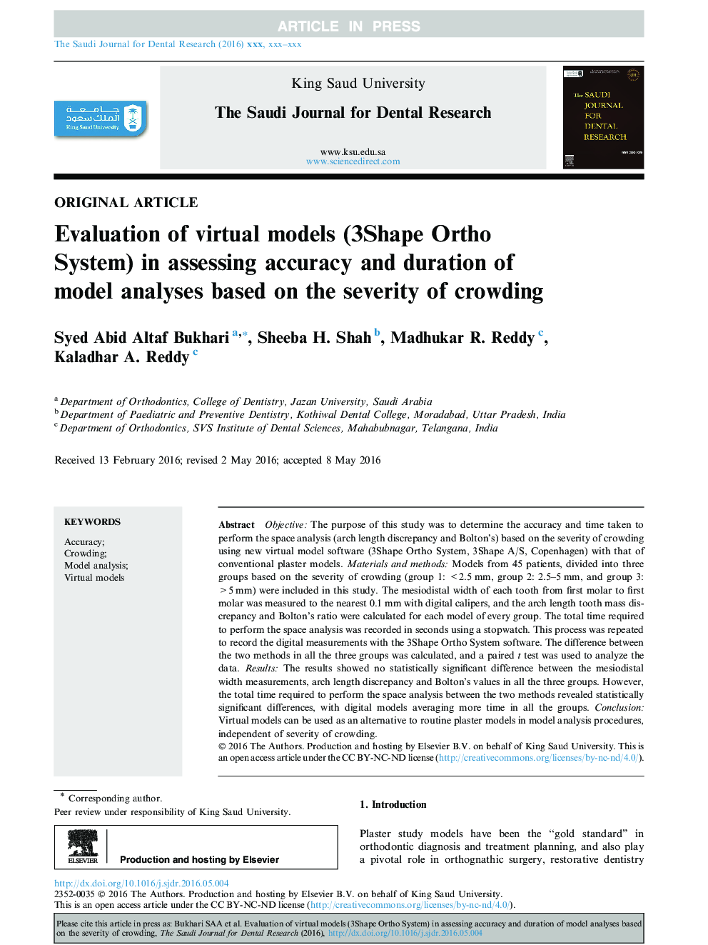 Evaluation of virtual models (3Shape Ortho System) in assessing accuracy and duration of model analyses based on the severity of crowding