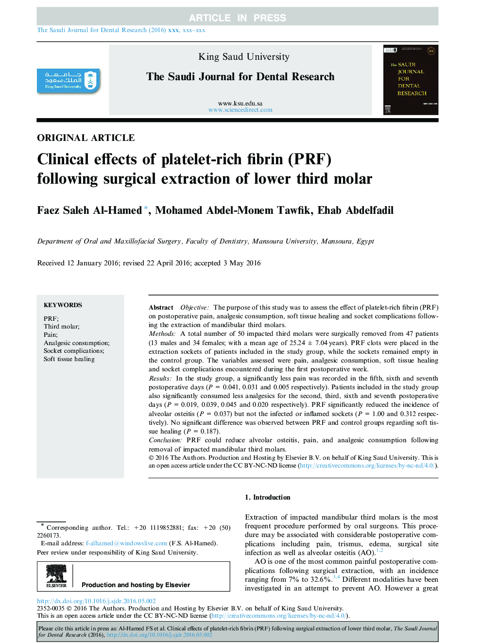Clinical effects of platelet-rich fibrin (PRF) following surgical extraction of lower third molar